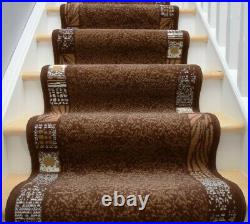 Brown Carpet Runner Rug Bordered Abstract Design Stairs Hallway Any Length