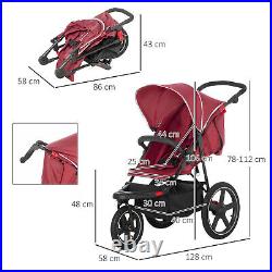 HOMCOM Foldable Three-Wheeler Baby Stroller with Sun Canopy, Storage Red