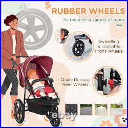 HOMCOM Foldable Three-Wheeler Baby Stroller with Sun Canopy, Storage Red