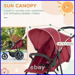 HOMCOM Foldable Three-Wheeler Baby Stroller with Sun Canopy, Storage Red